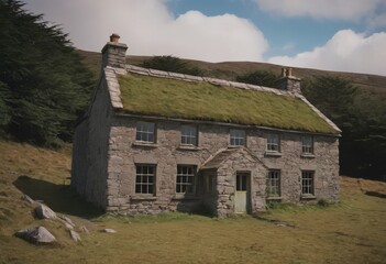 Old stone private house in a secluded location, scenic spots, daytime, vintage, abandoned