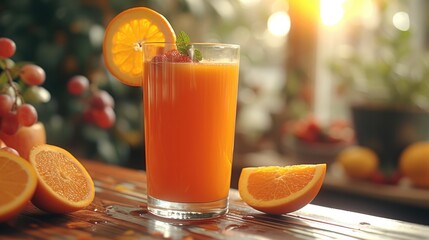 Fresh juice on table, orange juice. Generative AI.
