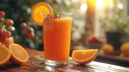 Poster Fresh juice on table, orange juice. Generative AI. © visoot