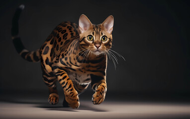 Bengal cat moving very fast with time-lapse motion blur on the grey background
