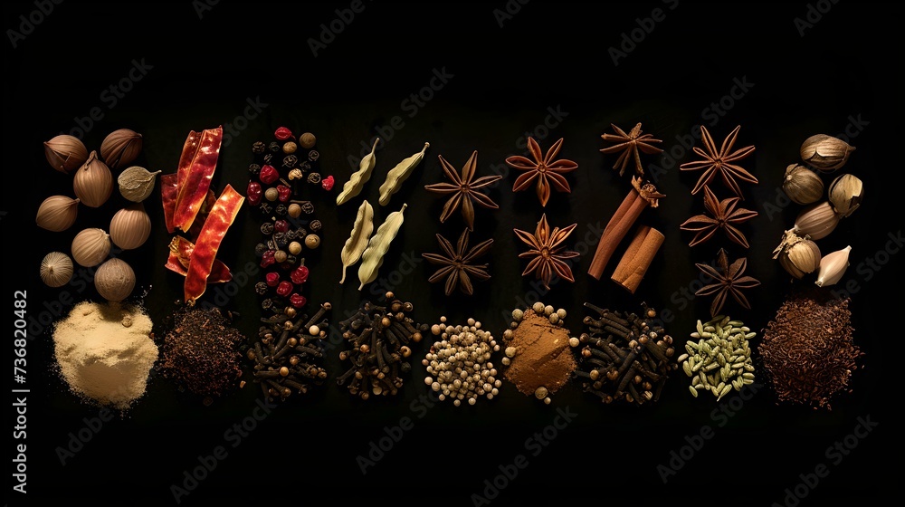 Poster assorted spices array on dark background. aromatic ingredients display for culinary use. cooking and