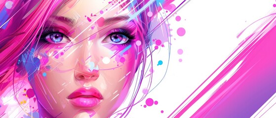 a digital painting of a woman's face with bright pink and blue paint splattered on her face.