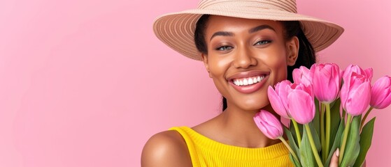 a woman with a straw hat holding a bouquet of pink tulips in front of her face and smiling. - obrazy, fototapety, plakaty
