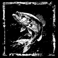 Grunge Bass Fish Illustration logo: Dynamic Vector Illustration with Textured Finish 