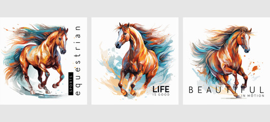 Hand drawn set of posters dedicated to horses and equestrian sports. Vectorized gouache illustrations. Abstract for advertising, prints, banners, posters, postcards and other materials