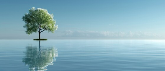 a tree in the middle of a body of water with a sky in the background and clouds in the sky.