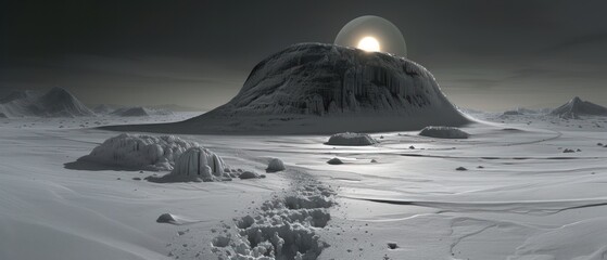 a computer generated image of a snow covered mountain with a bright light at the end of it's peak.
