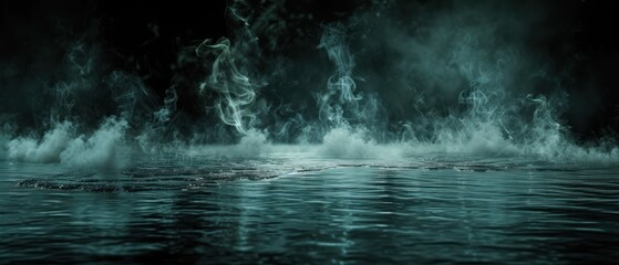 a black and white photo of a body of water with a lot of smoke coming out of the top of it.