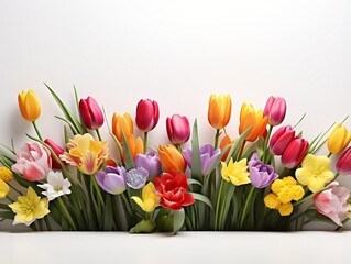 Colorful tulips with white background and blank text space