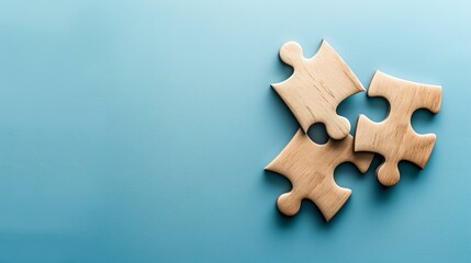 Two connected jigsaw puzzle pieces on blue background. concept of connection, solution, and teamwork. minimalist style. AI