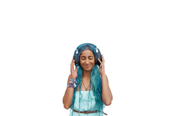 Happy, woman and streaming music with headphones or relax with podcast on transparent or png...