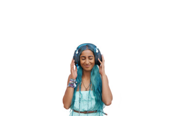 Happy, woman and streaming music with headphones or relax with podcast on transparent or png background. Isolated, girl and person listening to hip hop, audio or enjoy radio dj with technology