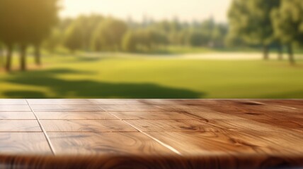 The empty wooden brown table top with blur background of country club. Exuberant image. generative...