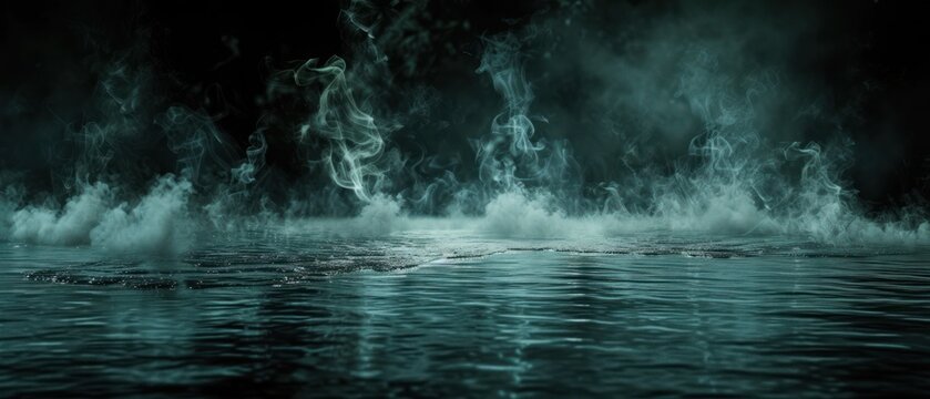 a black and white photo of a body of water with a lot of smoke coming out of the top of it. © Jevjenijs