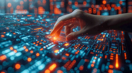 Finger touching digital hologram. Futuristic technology concept