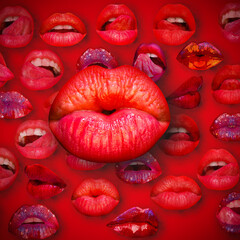 Kiss lip. Lips and mouth. Female lip in red background. Woman lips.