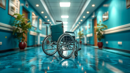 Empty wheelchair in a hospital corridor
