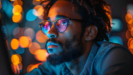 Young african american man in eyeglasses at night,Generative AI