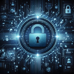 background concept of data protection and cybersecurity technology privacy. There is a key on the right hand side. against a dark blue background.