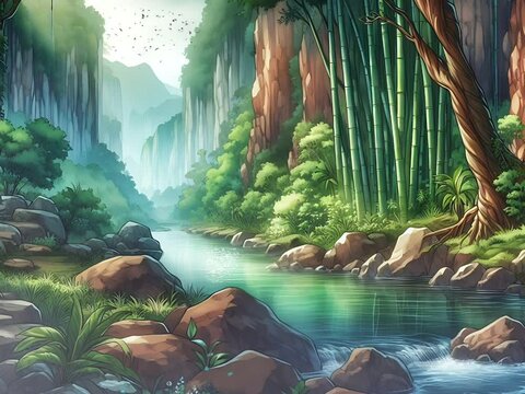 beautiful tropical rainforest with cliffs and bamboo. Cartoon or anime watercolor painting illustration style. seamless looping virtual vertical video animation background