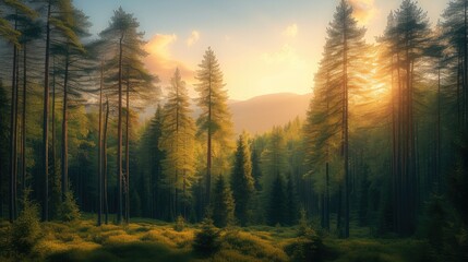 Beautiful nature with pine trees against the background of forest and sky, summer, soft sunlight....