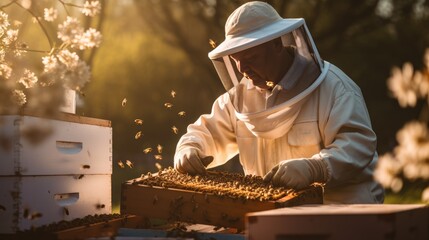 The beekeeper works at the apiary. A beekeeper in a protective suit works with a beehive. The concept of beekeeping. Eco-friendly products. - obrazy, fototapety, plakaty