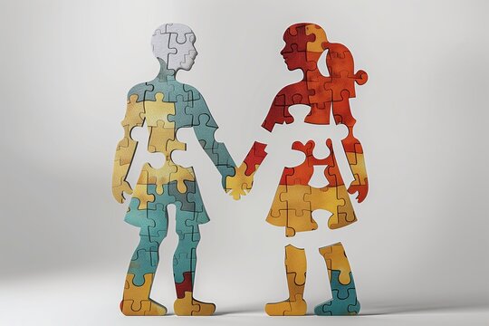 A couple made of pieces of a puzzle. Light teal and amber. Two puzzle pieces of people holding hands together. Family. Kin. Relationship. Jigsaw puzzle silhouettes. Body language. Childhood. Boy