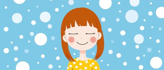 a girl with red hair wearing a yellow polka dot shirt and standing in the snow with her eyes closed and a smile on her face.