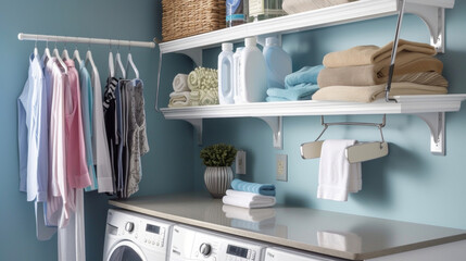 A tiny laundry room transformed into a highly efficient space with the addition of a compact folding station hanging rod and wallmounted iron holder.