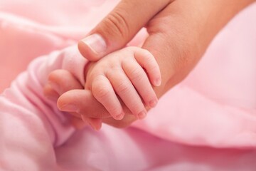 Mother holding newborn baby girl hand