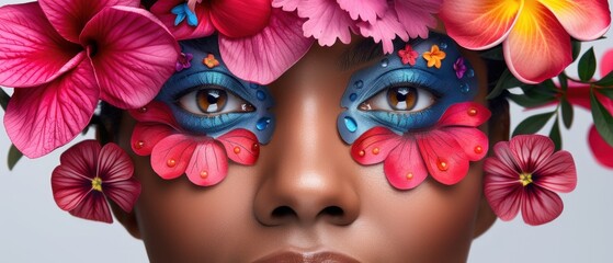 a close up of a woman's face with flowers on her face and a butterfly painted on her face.
