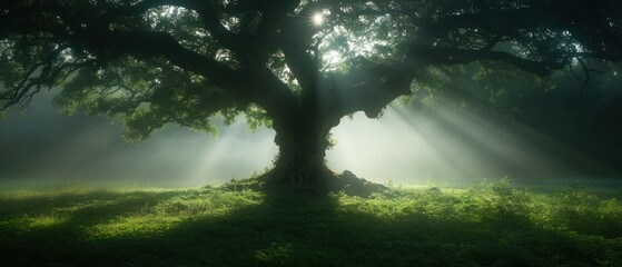 a large tree in the middle of a grassy field with sunbeams shining through the trees on a foggy day.