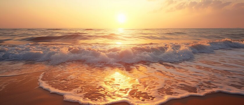 the sun is setting over the ocean with a wave coming towards the shore and the sun reflecting on the water.