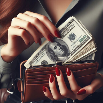 Closeup photo of woman hands with red manicure holding wallet full of dollars