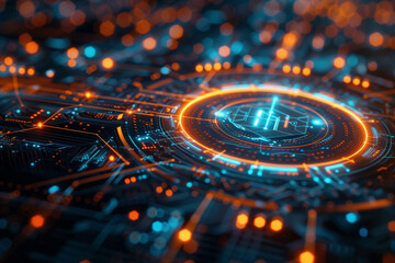 Design a futuristic artwork incorporating a HUD circle displaying various security algorithms related to cryptocurrencies