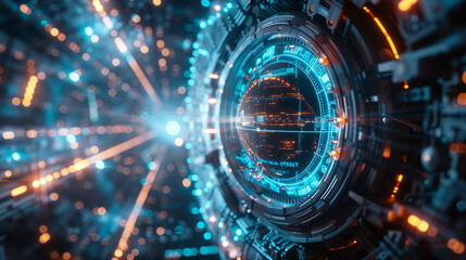 Design an intriguing artwork combining a HUD circle displaying real time cryptocurrency data with a breathtaking blue neo light backdrop