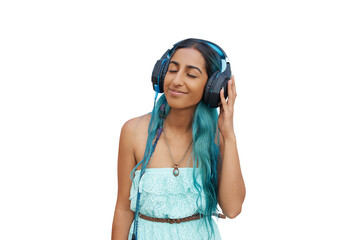 Woman, relax and happy with music in headphones or streaming a podcast on transparent or png...