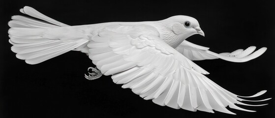 a white bird flying through the air with it's wings spread and it's head in the air.