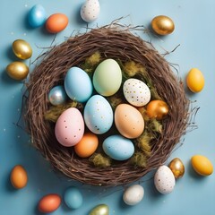 Obraz premium Easter poster and banner template with Easter eggs in the nest on light blue background.Greetings and presents for Easter Day in flat lay styling.Promotion and shopping template for Easter