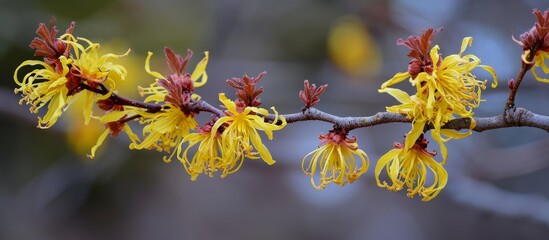 A closeup shot of a tree branch displaying yellow flowers and red buds, amidst a natural landscape. The vibrant petals bring color to the event where grass and water complement the flowering plant