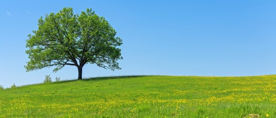a lone tree on a grassy hill with wildflowers in the foreground and a blue sky in the background.