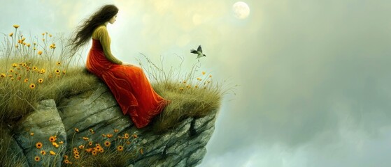 a painting of a woman in a red dress sitting on the edge of a cliff with a butterfly flying overhead.