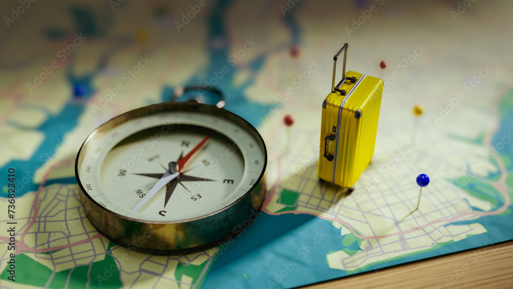 Aufkleber map and compass background for traveling.3d rendering