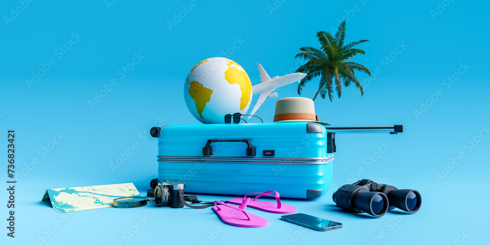 Poster copyspace background with suitcase and various luggage.3d rendering