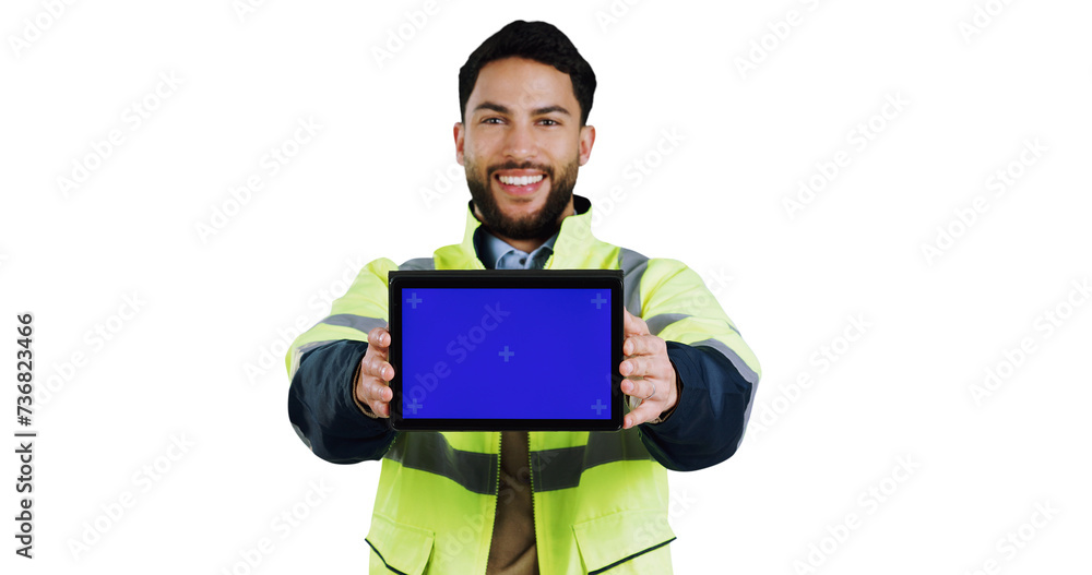 Poster portrait, tablet and green screen with construction worker man isolated on transparent background. t