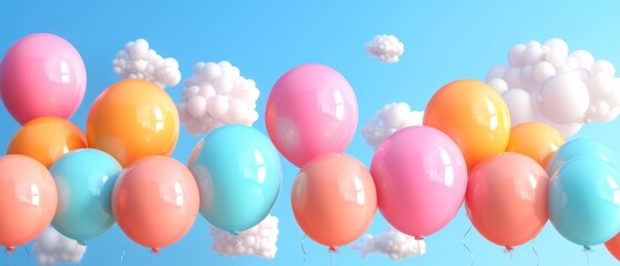 a bunch of balloons floating in the air with clouds in the sky in the background and a blue sky in the background.