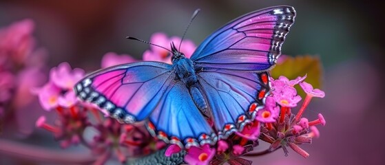 a close up of a blue butterfly on a pink flower with pink flowers in the foreground and a blurry background. - obrazy, fototapety, plakaty