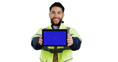 Portrait, tablet and green screen with construction worker man isolated on transparent background. Technology, advertising and marketing with happy young designer, engineer or technician on PNG