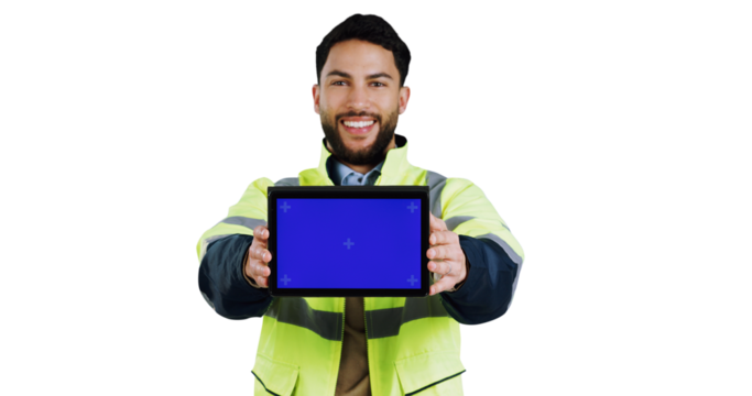 Portrait, tablet and green screen with construction worker man isolated on transparent background. Technology, advertising and marketing with happy young designer, engineer or technician on PNG