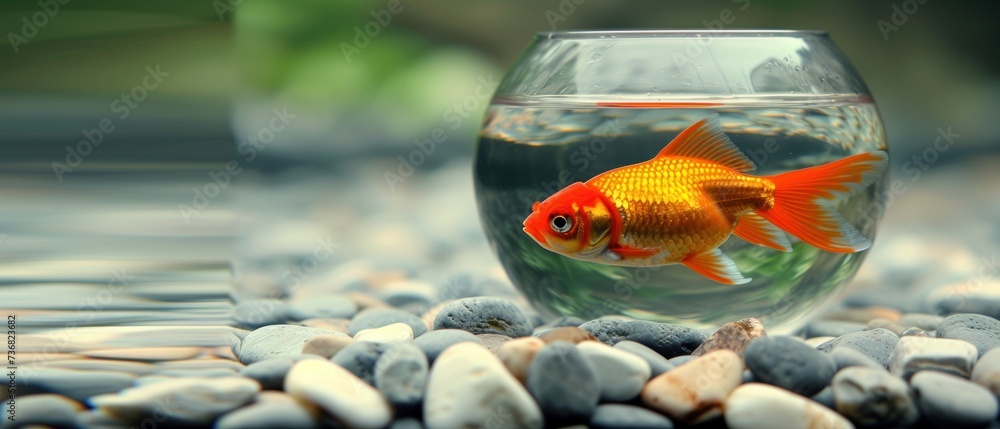 Wall mural a goldfish swims in a bowl of water surrounded by rocks and pebbles in a fish bowl on a table.